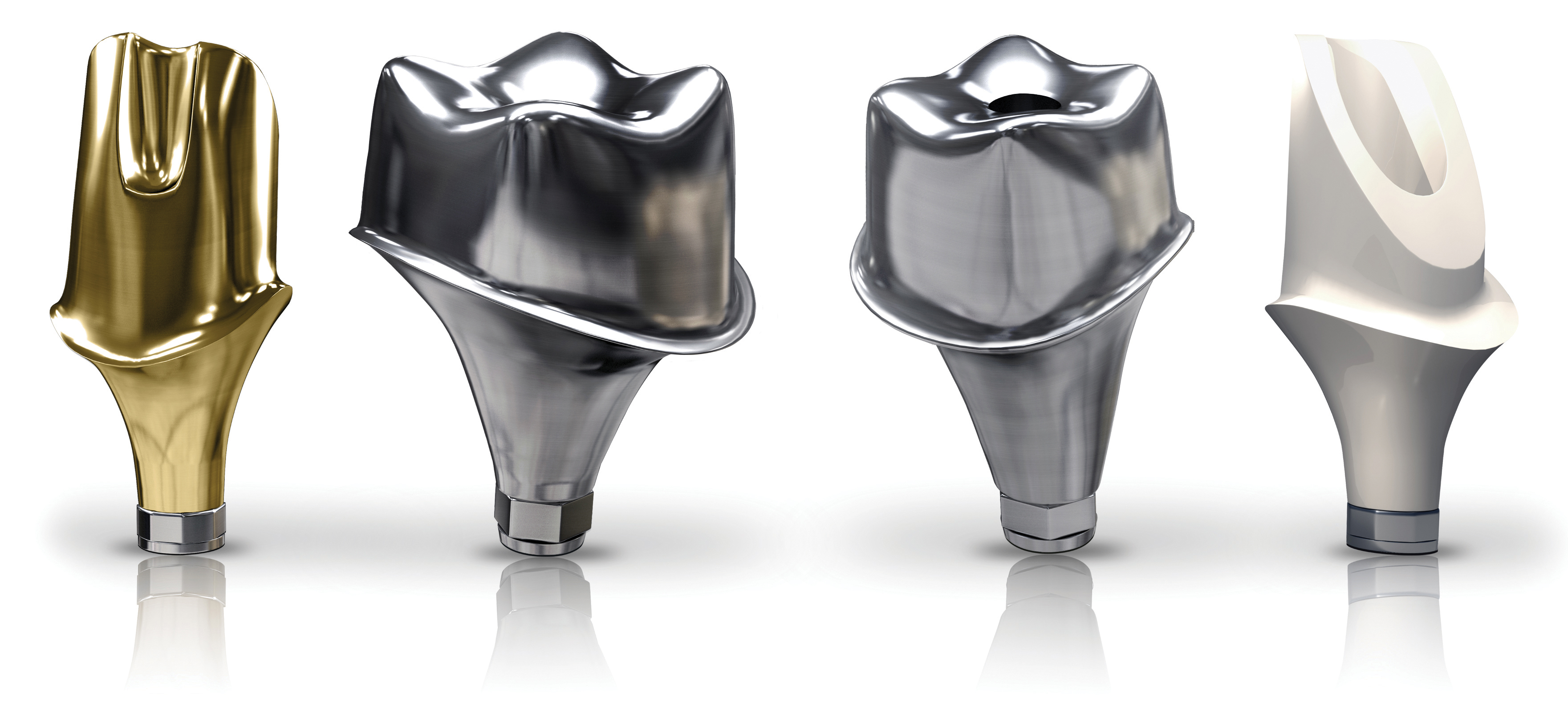 Four implant abutments in gold, silver and white finishes